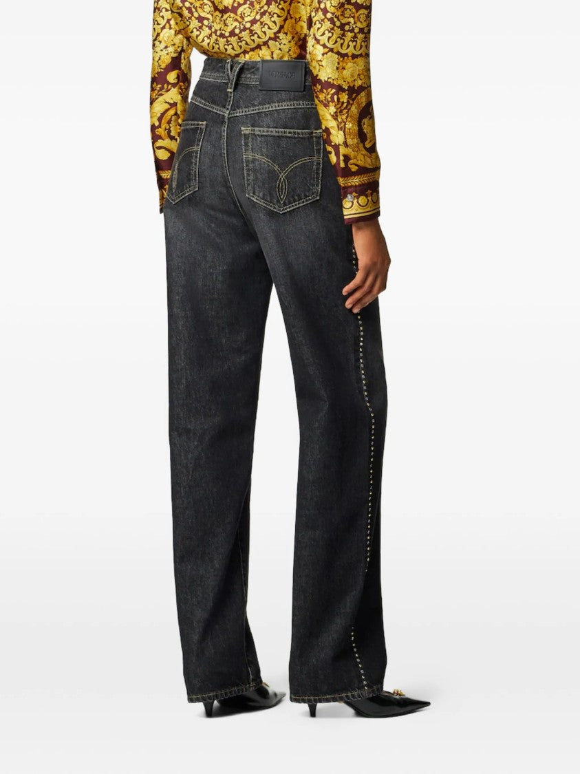 Versace Dark Washed Wide-Leg Studded Denim Jeans