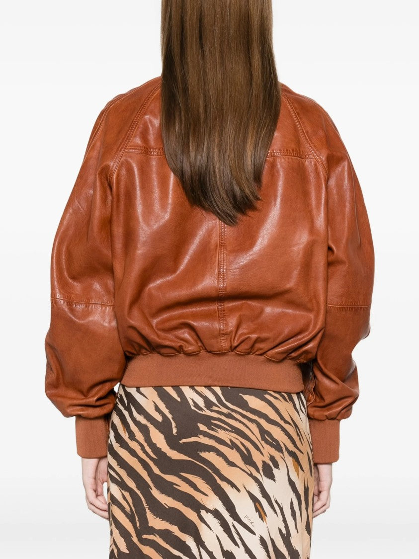 Pinko Brown Barbra Bomber Leather Jacket
