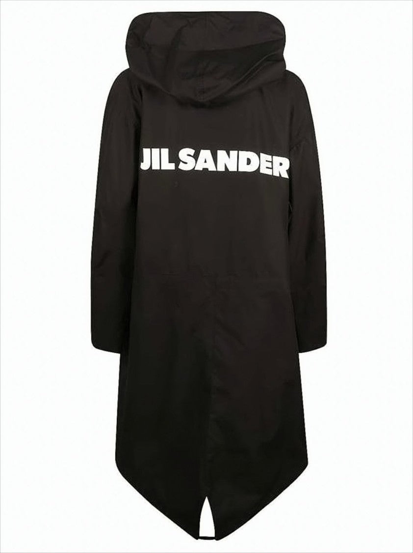 Jil Sander Hooded Black Cotton Coat With Fishtail Hem