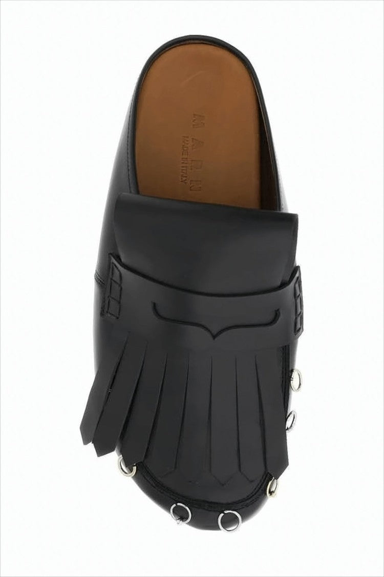 Marni Fringed Black Calf Leather Slip-On Mules