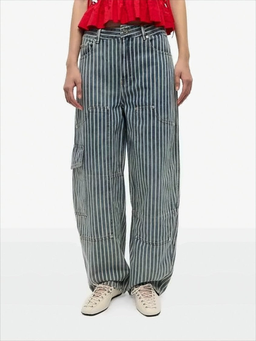 Ganni Vertical Striped Straight-Leg Pants With Cargo Pocket Detail