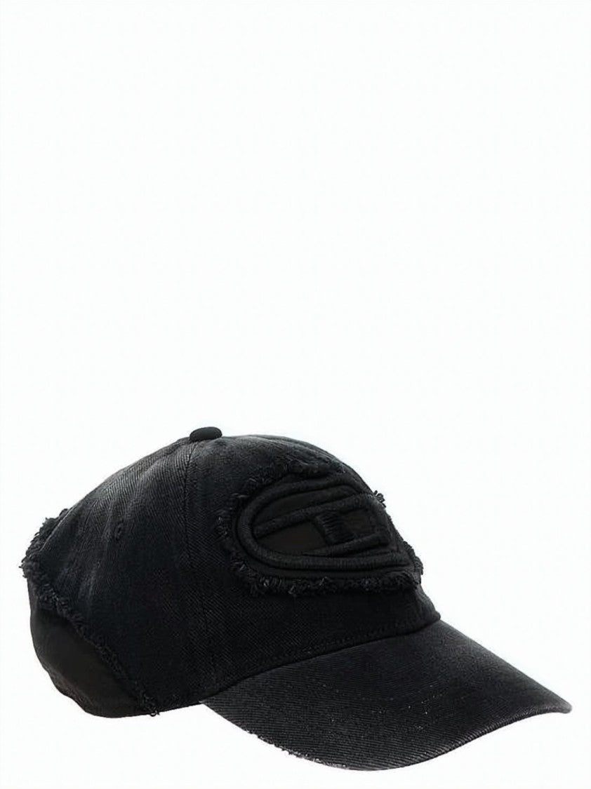 Diesel Distressed Black Cotton Cap With Embroidered Patch