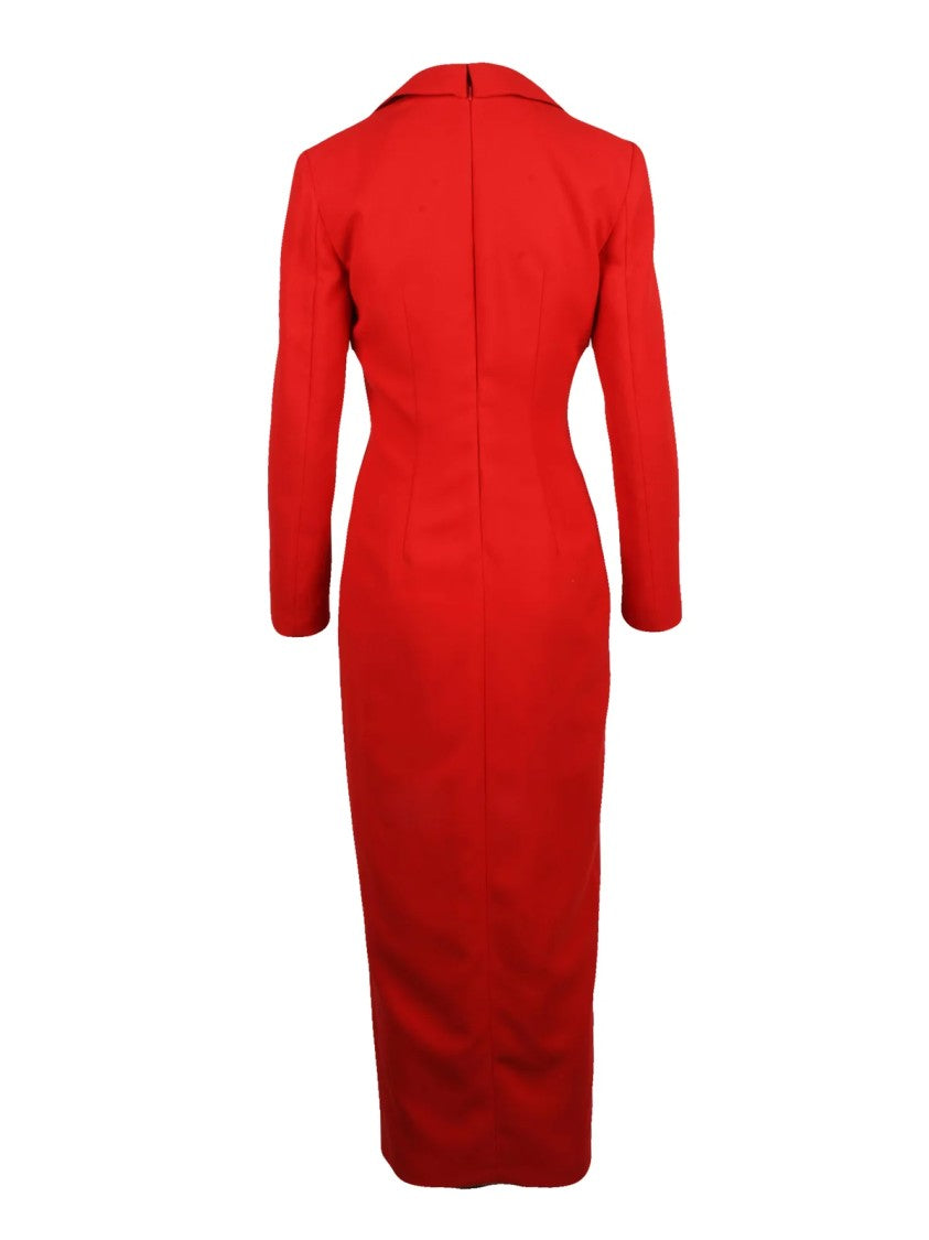 Simona Corsellini Red Polyester Jewel Button Slit Long Dress