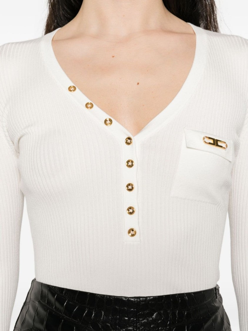 Elisabetta Franchi Ivory Fitted Ribbed Sweater