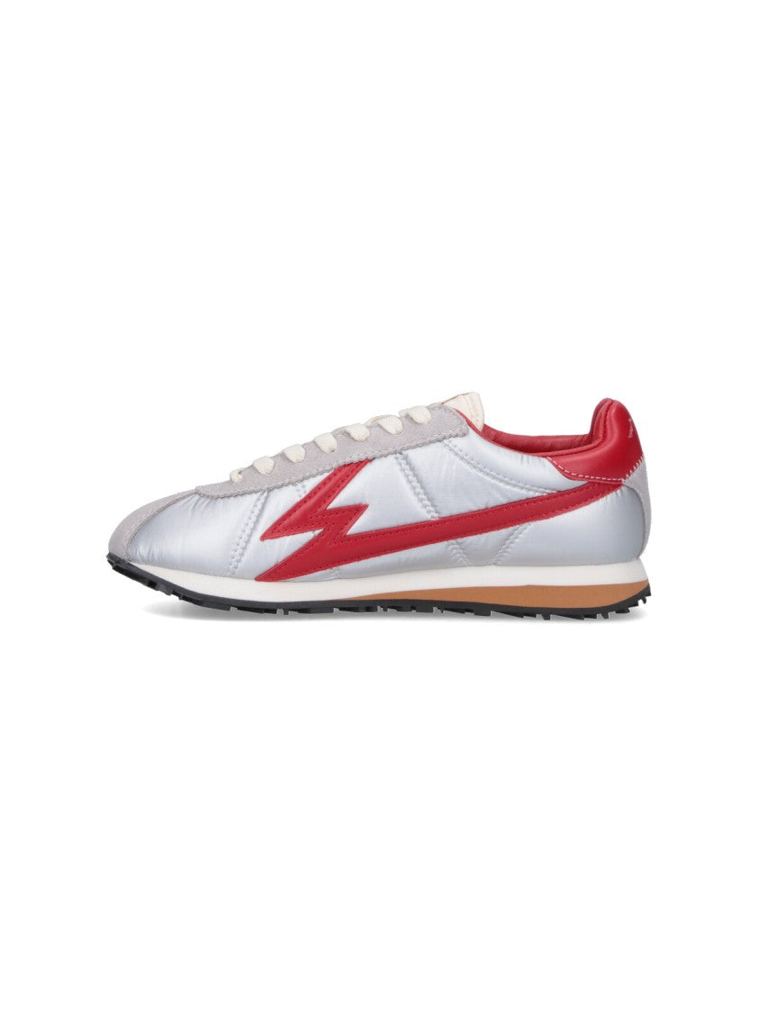 Master Of Arts Shiny Silver Sneakers With Bold Red Lightning Detailing