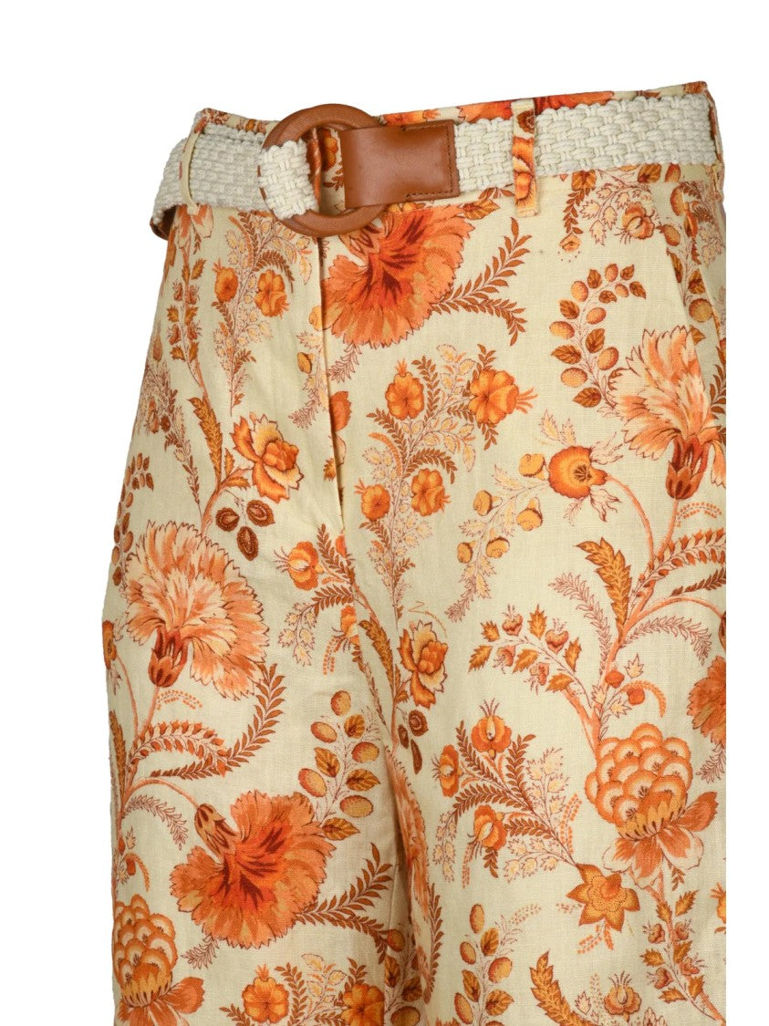 Zimmermann Flared Trousers With Intricate Floral Pattern And Woven Belt