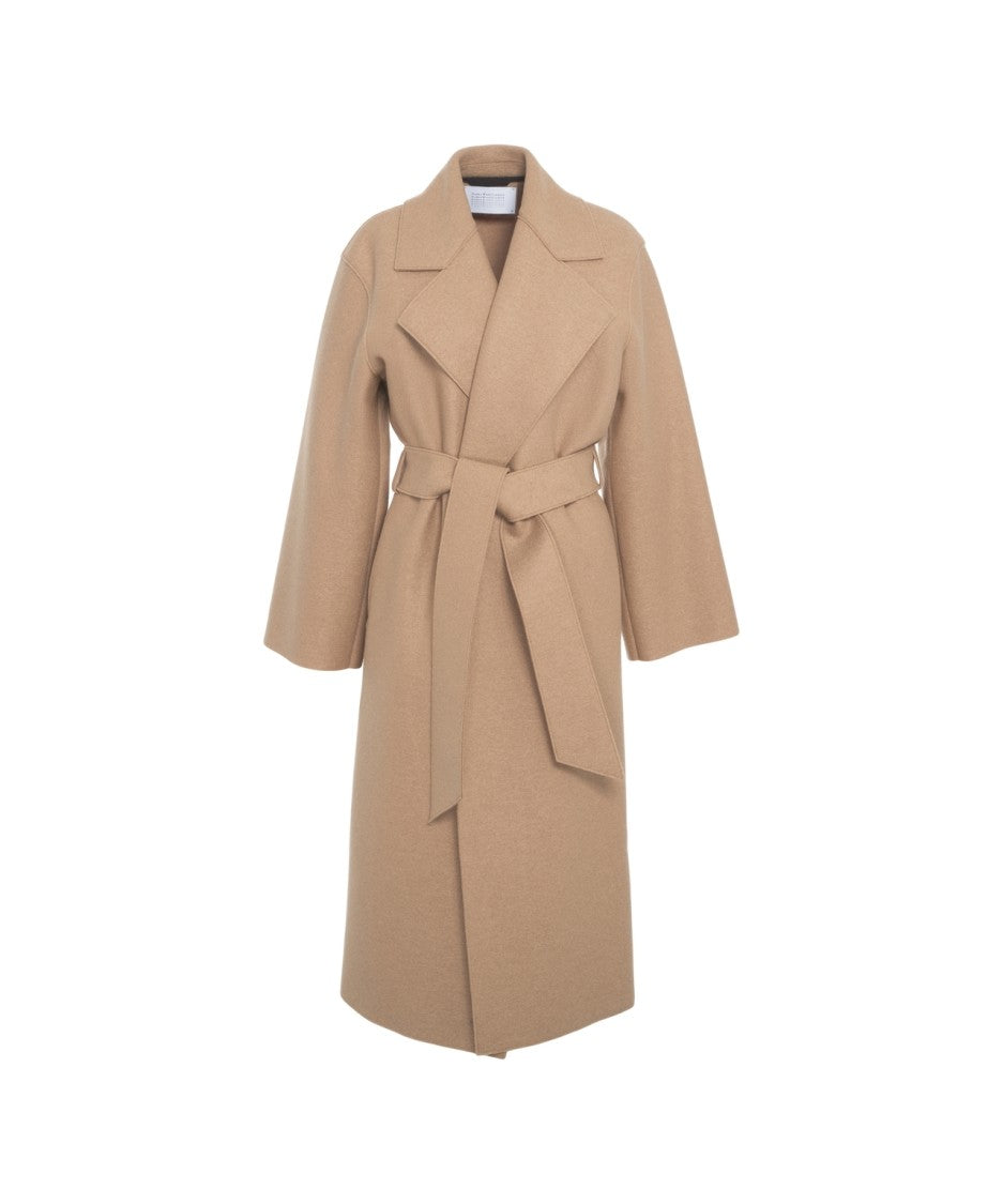 Harris Wharf London Mid-Length Brown Coat With Shawl Collar And Waist Belt