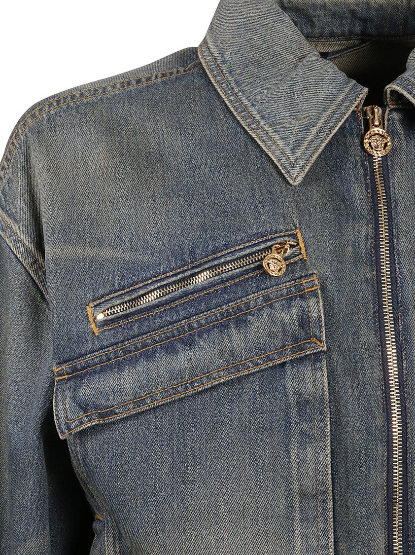 Versace Cotton Denim Bomber Jacket With Oversized Pockets