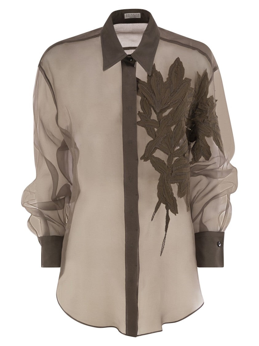 Brunello Cucinelli Crispy Silk Shirt With Flora Appliqué