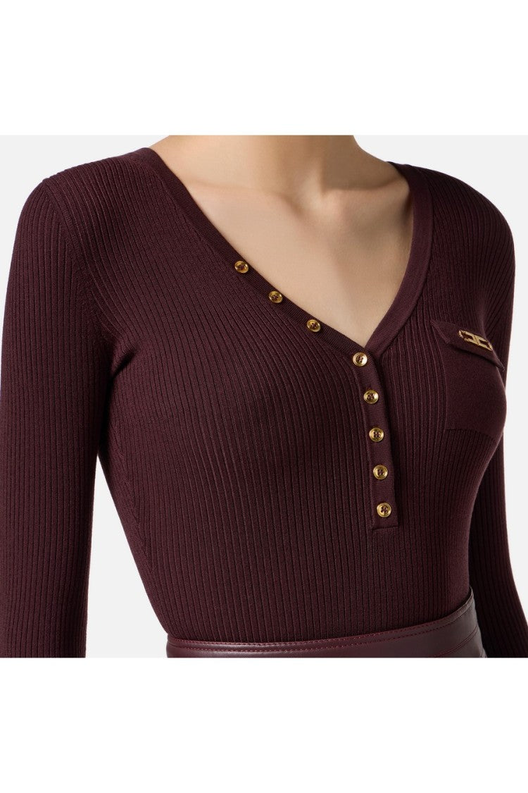 Elisabetta Franchi Merlot Ribbed V-Neck Lyocell-Blend Sweater