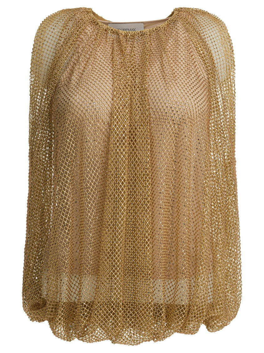 Max Mara Shimmering Gold Mesh Top With Voluminous Sleeves