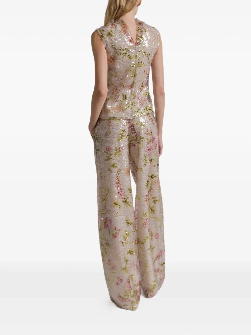 Alberta Ferretti High-Waisted Wide-Leg Pants With Floral Sequin Embellishments