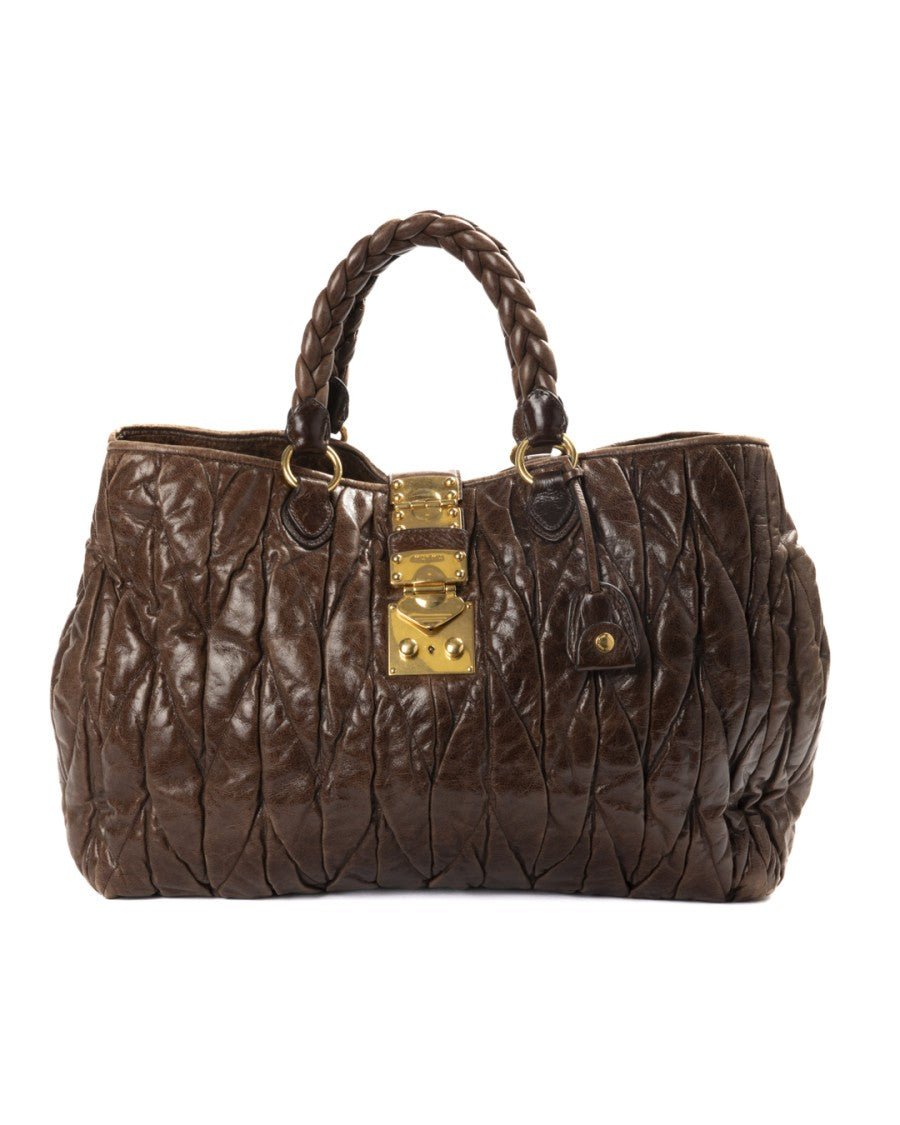 Miu Miu Textured Brown Leather Large Tote With Braided Handles