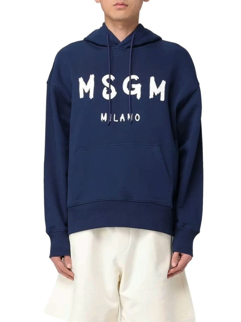 Msgm Deep Navy Hoodie With Bold Logo And Classic Features