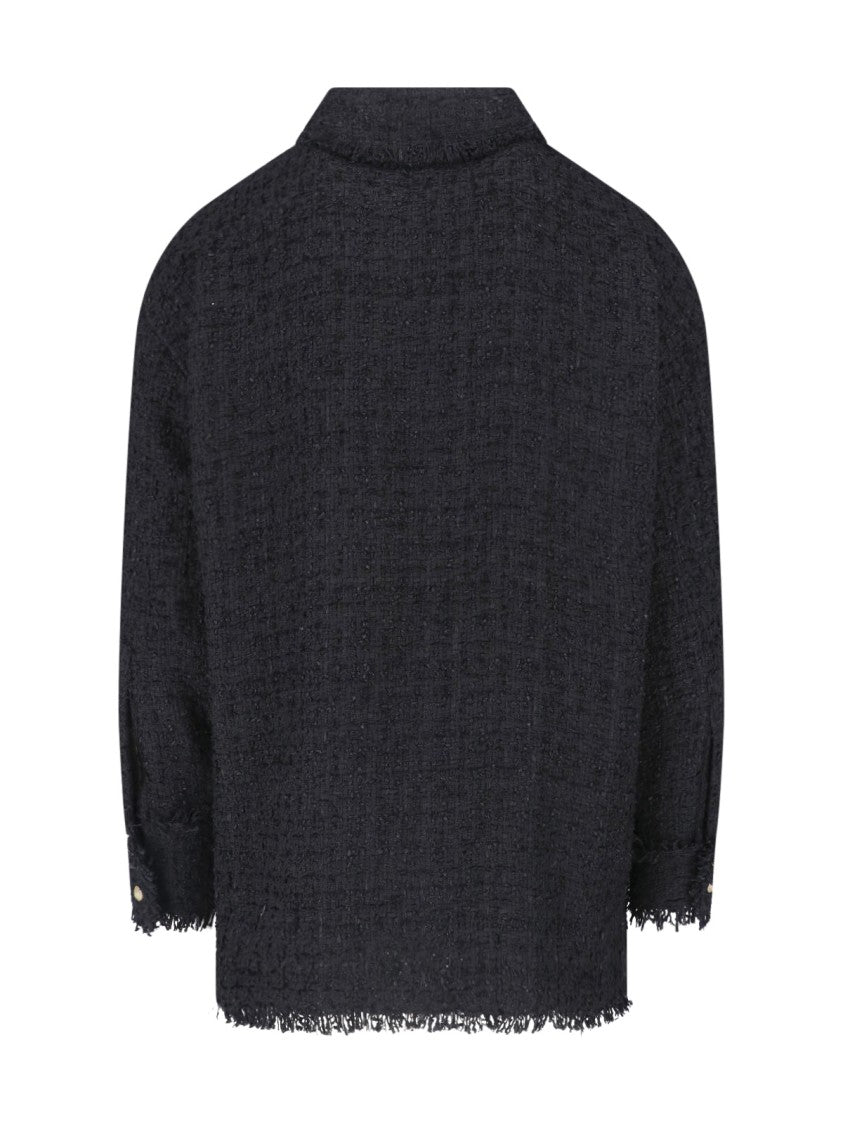 Balmain Textured Black Tweed Shirt With Gold-Tone Button Closure