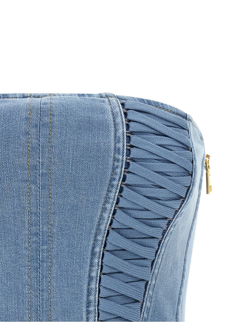 Elisabetta Franchi Denim Bustier Top With Criss-Cross Laces And Contrast Stitching