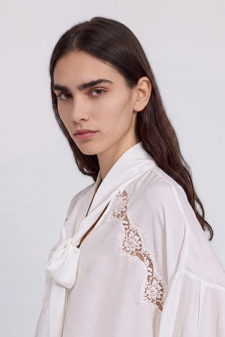 Ermanno White Neck Tie Lace Insert Acetate-Blend Blouse