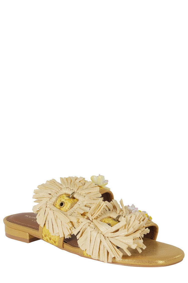 Kurt Geiger Yellow Raffia Floral Appliques Synthetic Flat Sandals