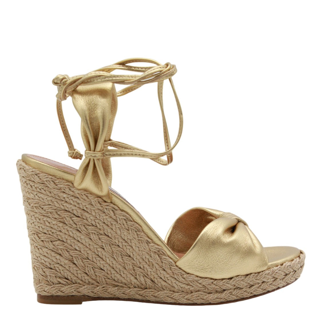 Aquazzura Metallic Gold Wedge Sandals With Braided Jute Platform