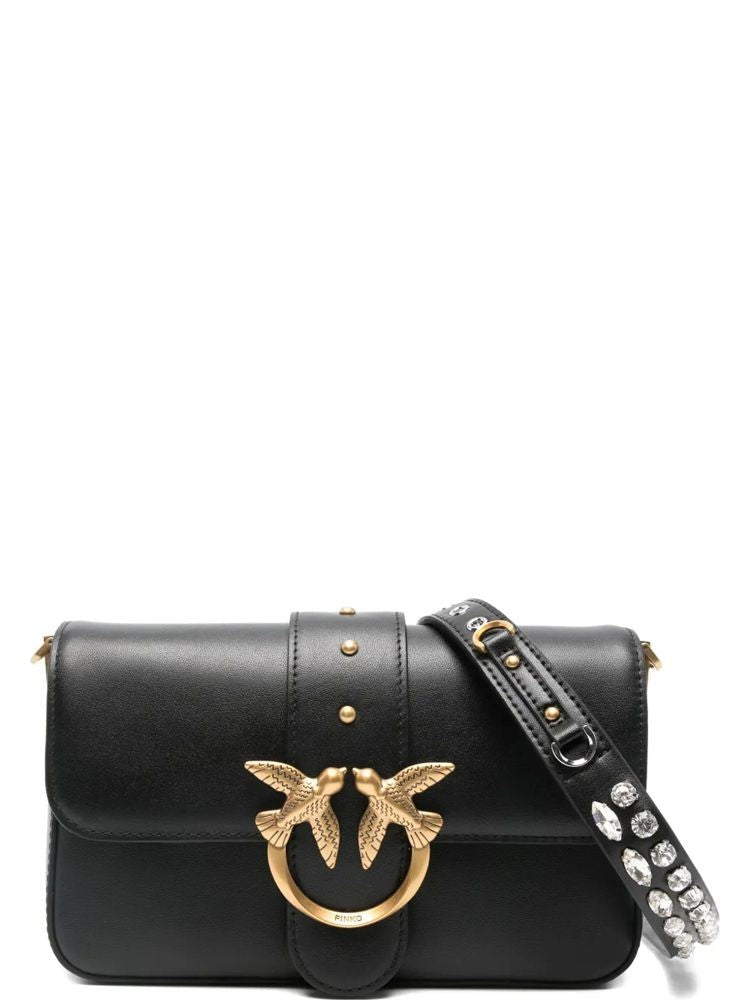 Pinko Structured Black Cow Leather Shoulder Bag With Gold Accents