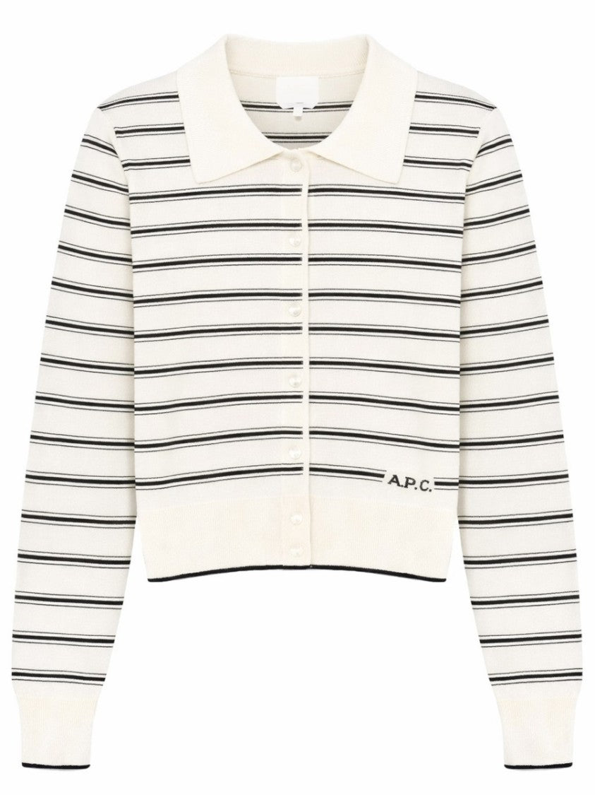 A.P.C. Cropped Polo Collar Intricate Striped Cotton Cardigan