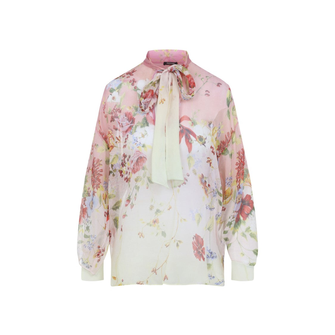 Roberto Cavalli Gradient Floral Print Silk Blouse With Bow Tie Neckline