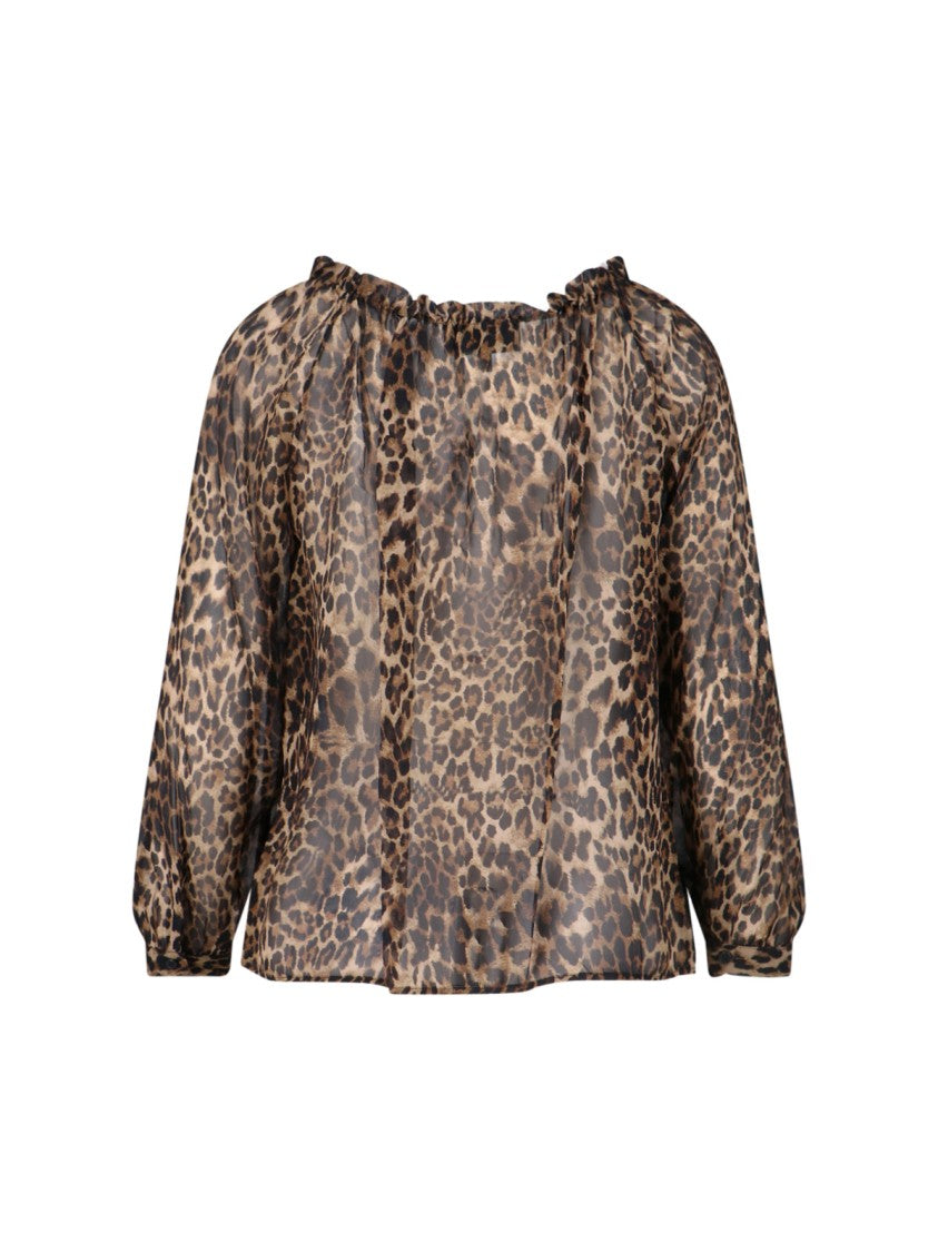 Nili Lotan Animal Print Silk Blouse With Ruffled Neckline