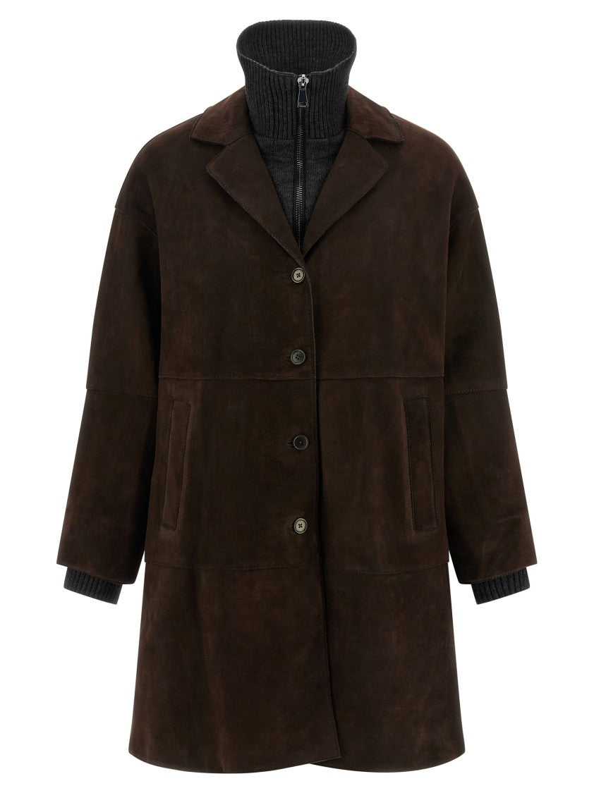 P.A.R.O.S.H. Suede Coat With Knit Insert And Front Button Closure