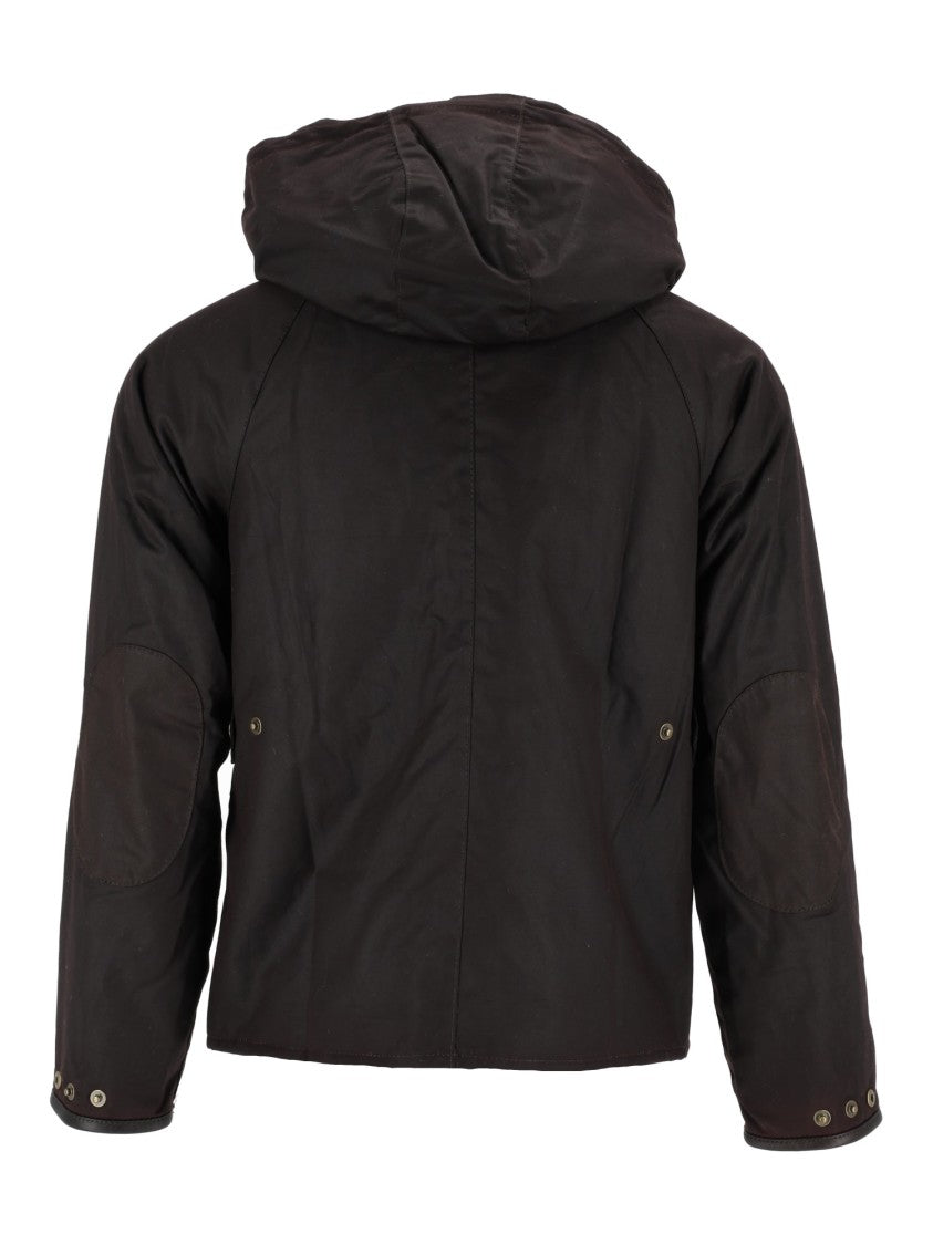 Barbour Cropped Black Waxed Cotton Jacket With Hood And Flap Pockets