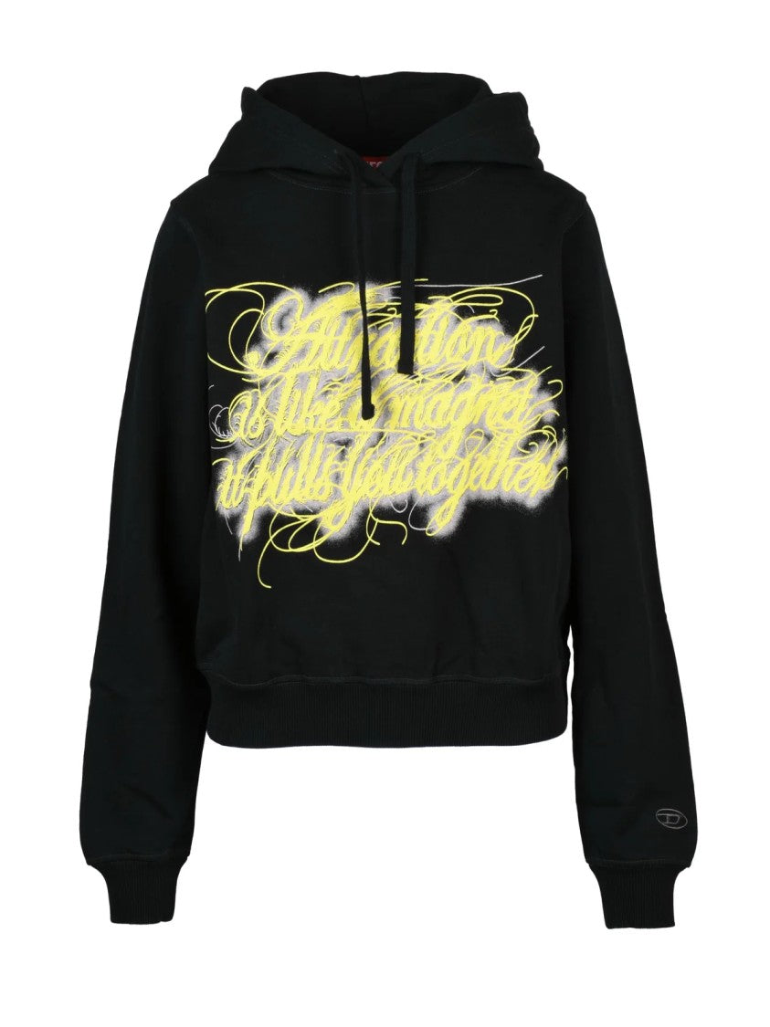 Diesel Cropped Black Hooded Sweatshirt With Artistic Graphic Design