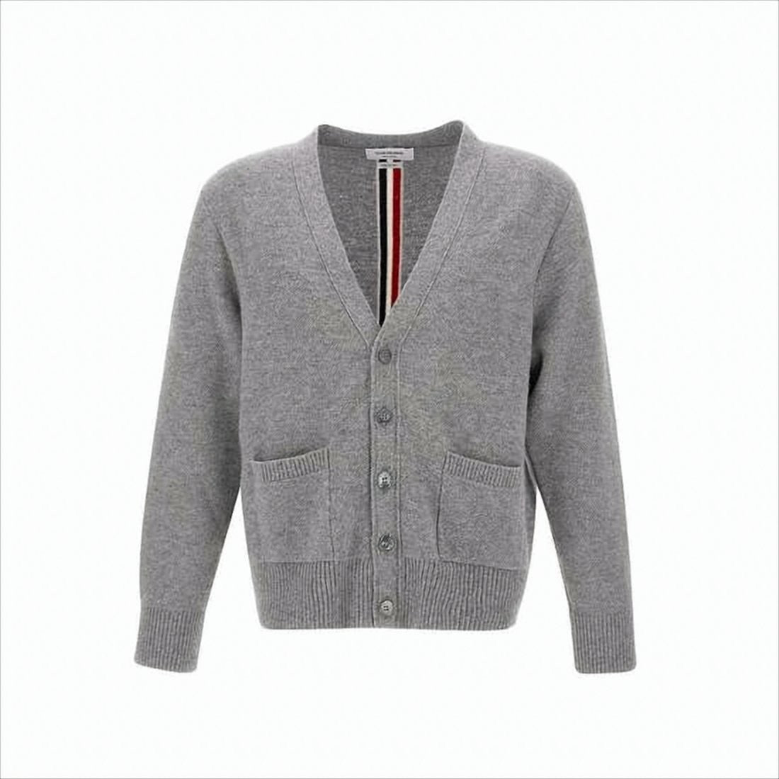 Thom Browne V-Neck Grey Wool Cardigan With Distinctive Stripe Detail
