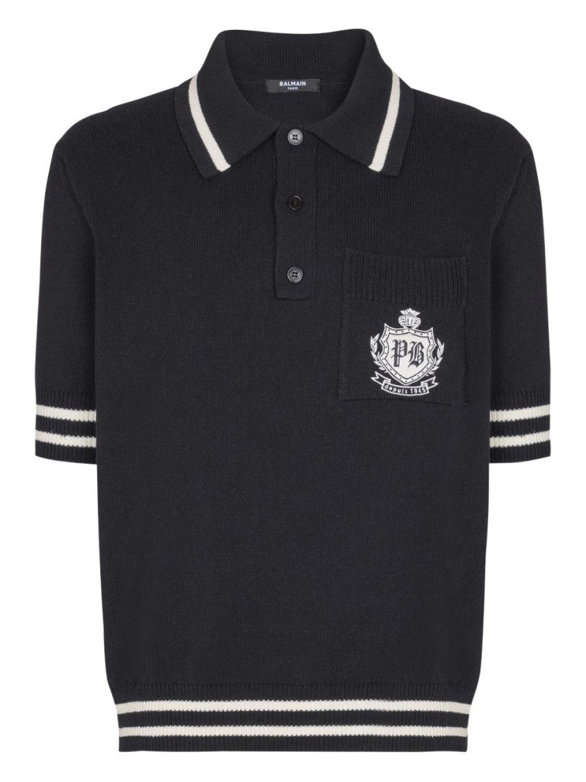 Balmain Black Ribbed Emblem Knit Polo Shirt