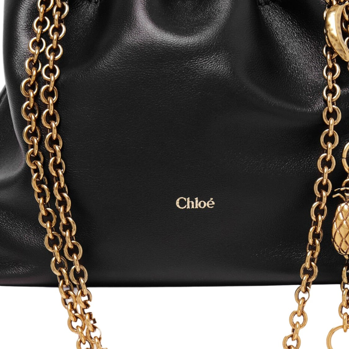 Chloé Mini Leather Shoulder Bag With Drawstring Closure And Decorative Charm Strap