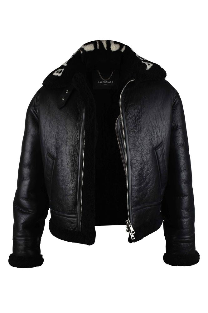 Balenciaga Shiny Black Leather And Wool Bomber