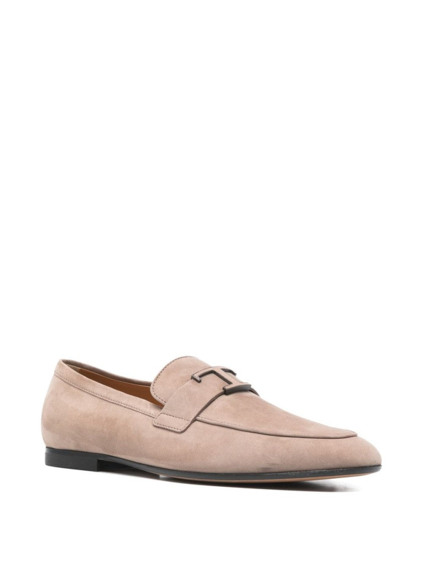 Tod's Brown Calf Suede T-Plaque Almond Flats