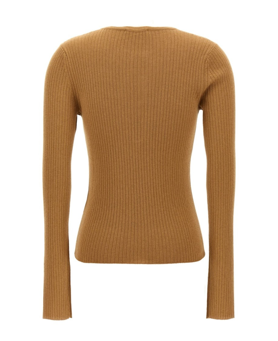 Max Mara Ribbed Cashmere-Silk Blend Sweater With Deep V-Neckline