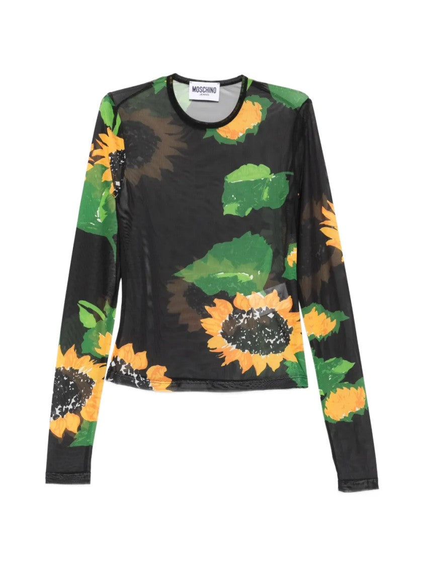 Moschino Sheer Black Long-Sleeve Top With Sunflower Print