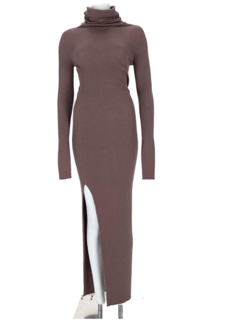 Rick Owens Long Fitted Knit Dress With High Turtleneck And Side Slit