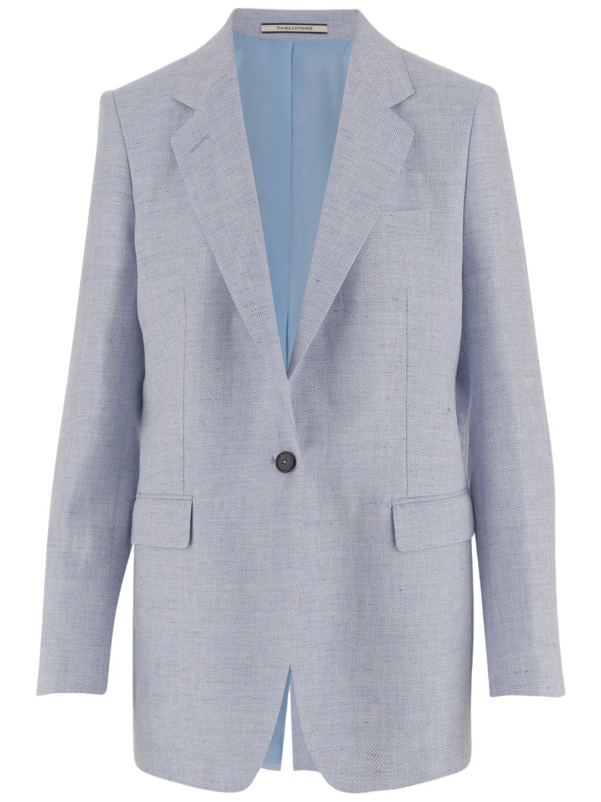 Tagliatore Light Blue Herringbone Linen-Wool Blend Jacket
