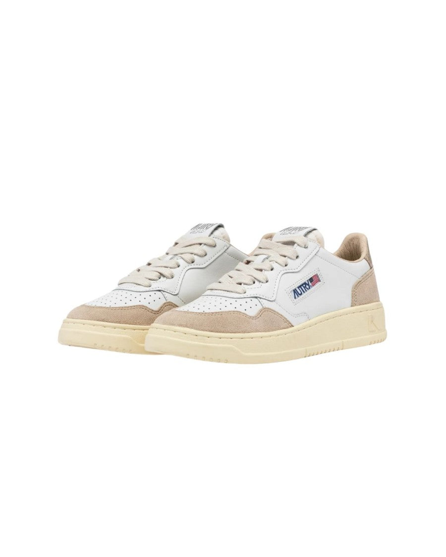 Autry Medalist Low Sneakers In White Leather And Gold Suede