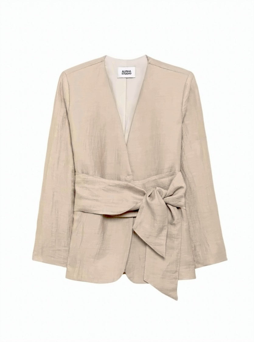 Alpha Studio Linen V-Neck Belted Single-Breasted Blazer