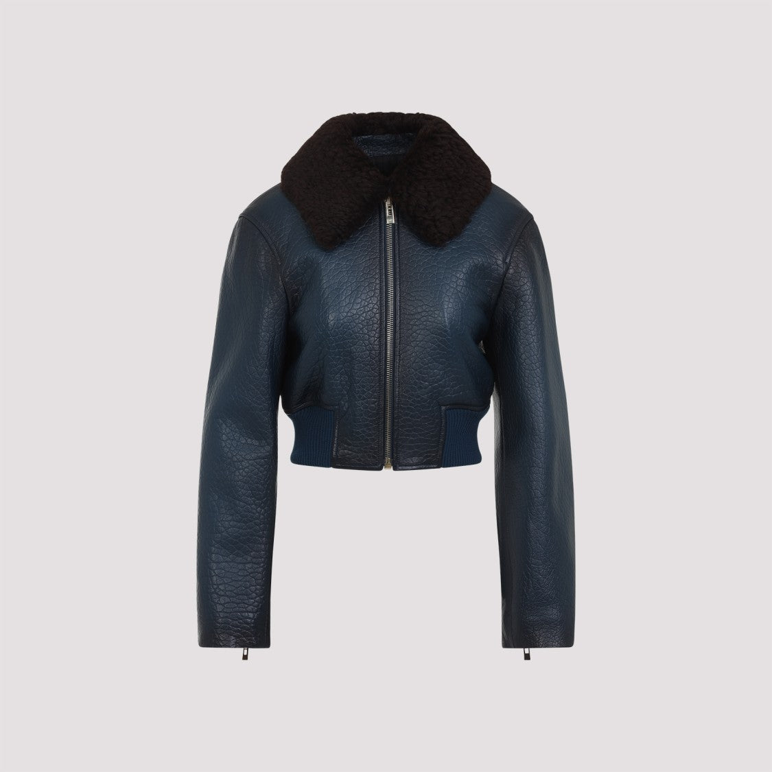 Alaïa Cropped Blue Grained Lamb Leather Aviator Jacket