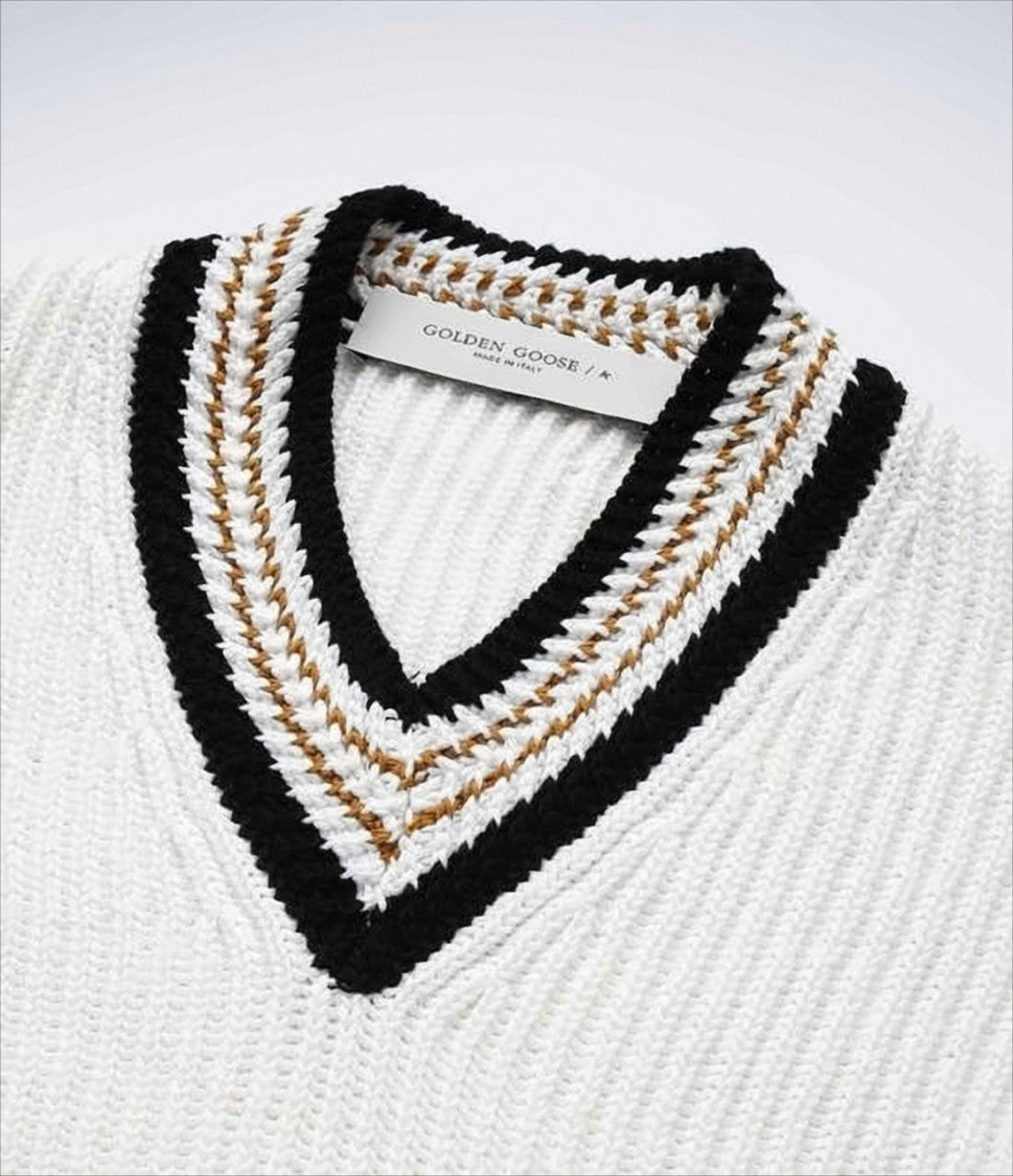 Golden Goose Ribbed Knit Sweater With V-Neckline And Striped Accents