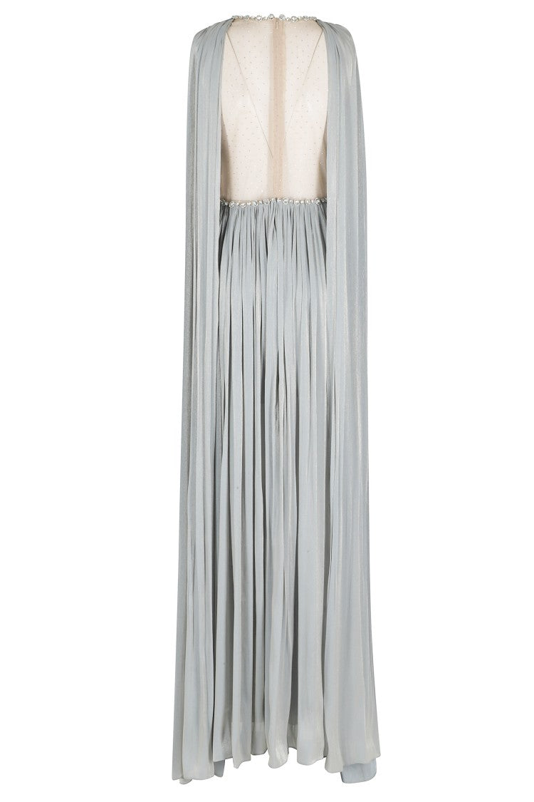 Nissa Verde Crystal-Embellished Pleated Evening Dress
