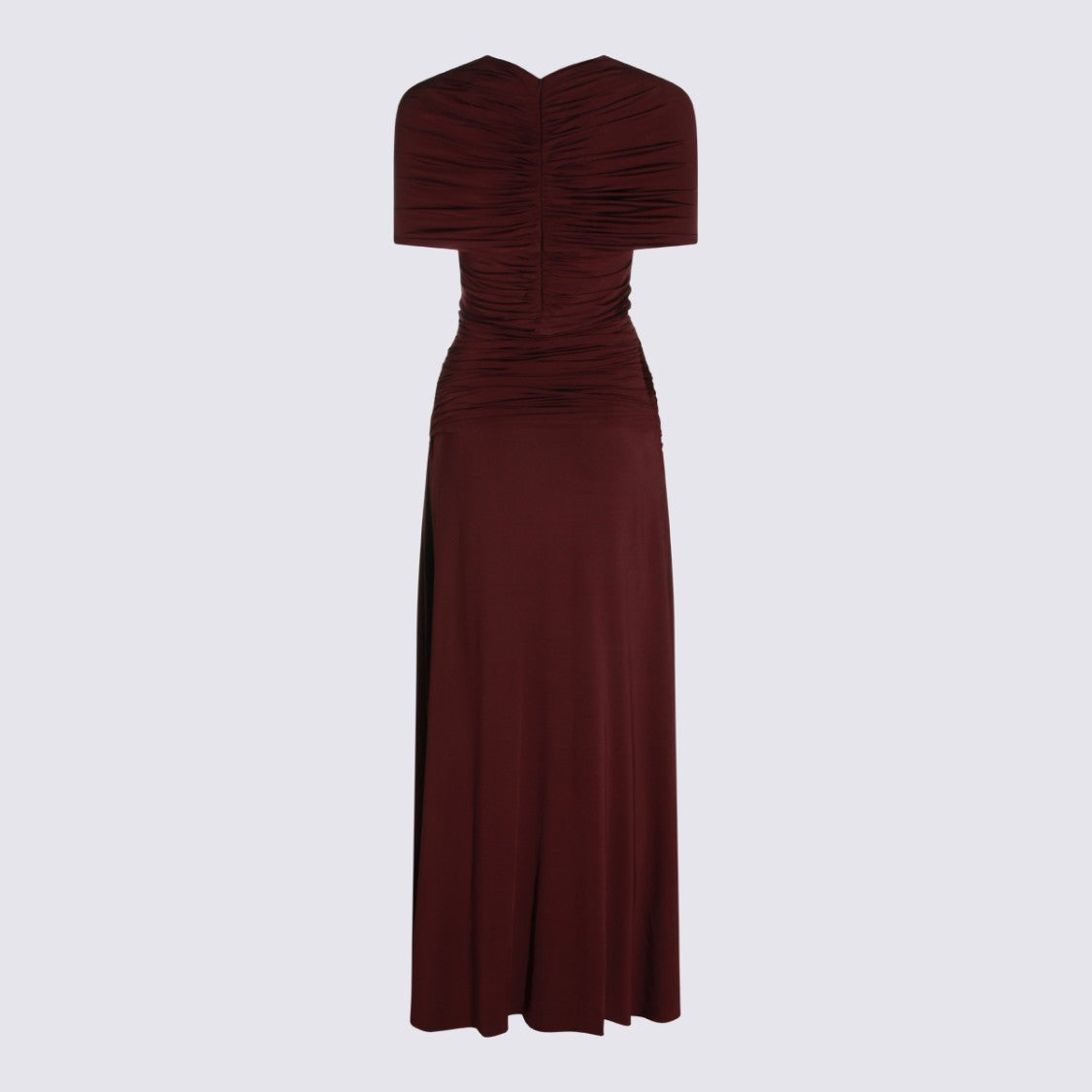 Self-Portrait Deep Burgundy Midi Dress With Ruched Bodice And Flared Skirt