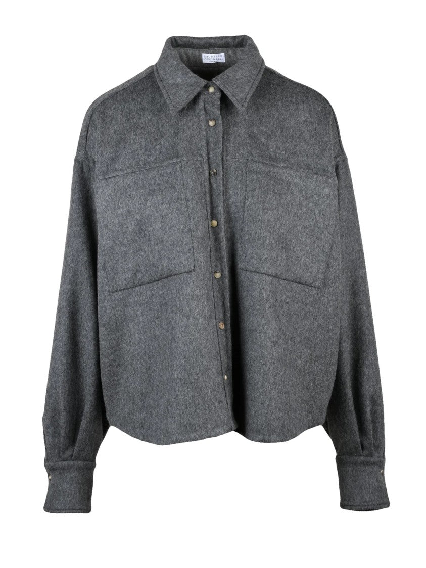 Brunello Cucinelli Short Oversized Shirt In Textured Grey Virgin Wool