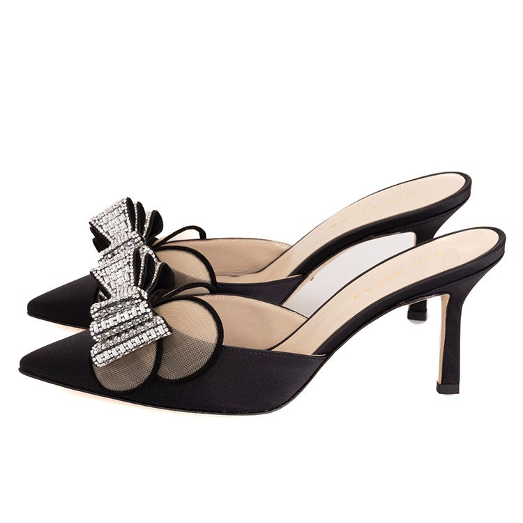 M+E' Satin-Embellished Black Sandals With Pointed Toe Design
