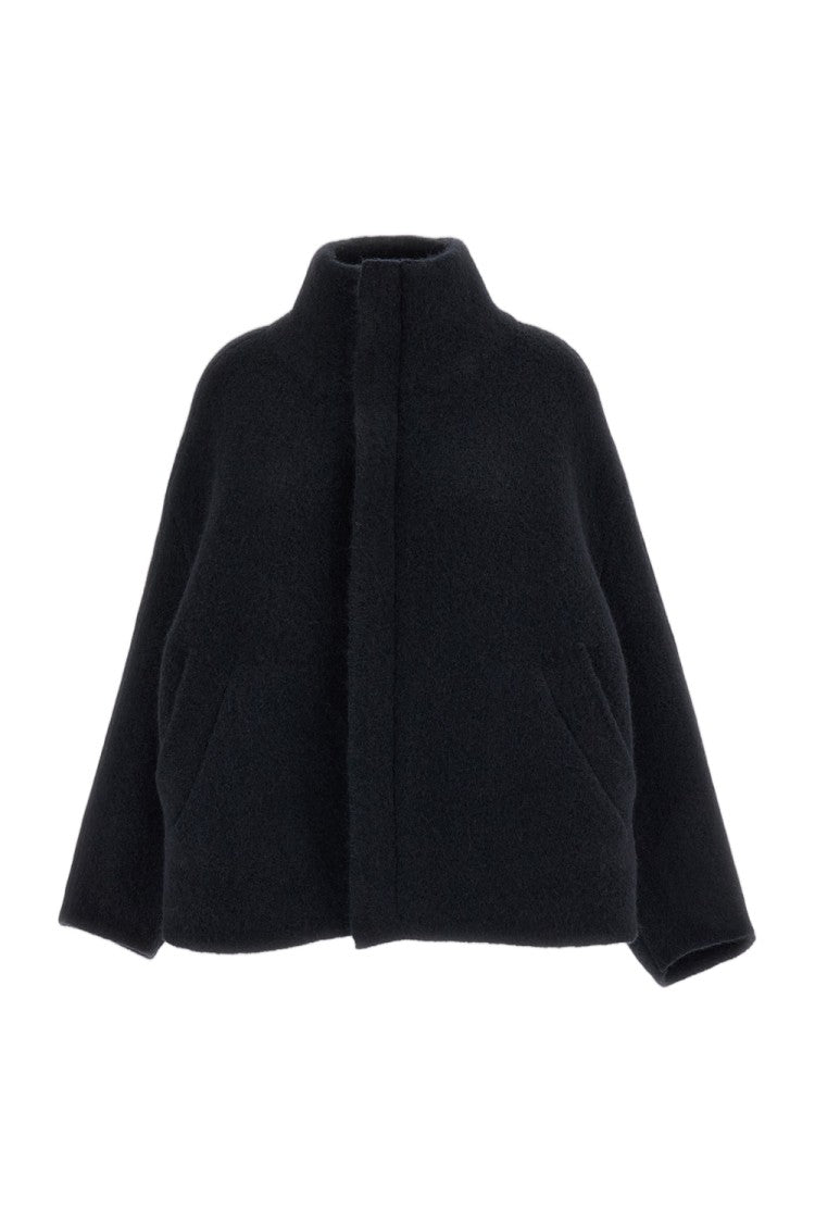 Boboutic Blue High Collar Zip Wool-Blend Knit Jacket