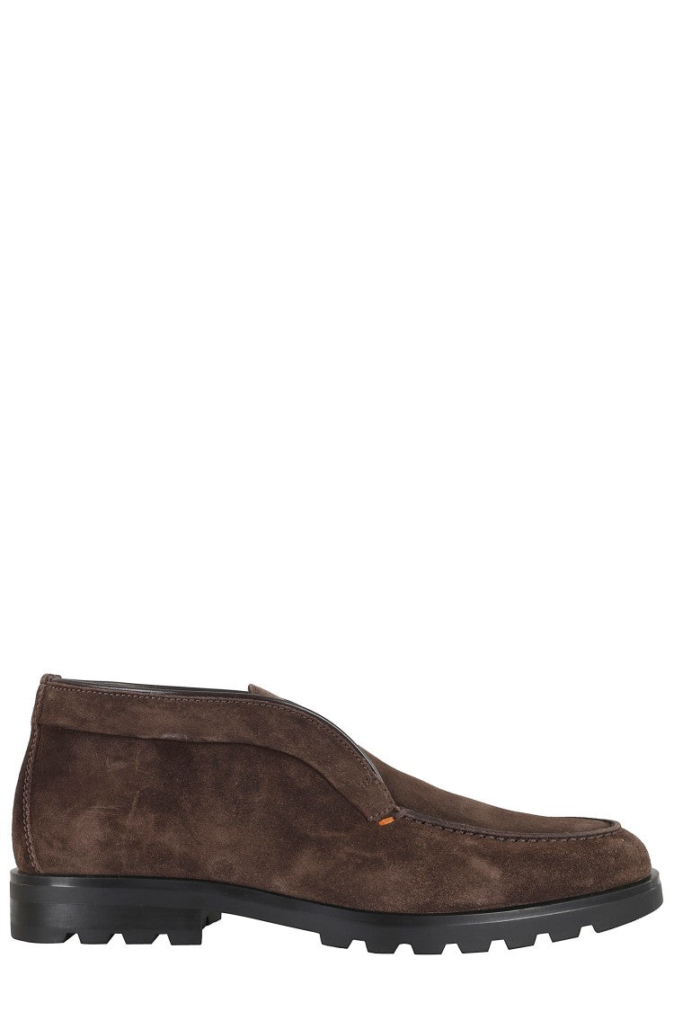 Santoni Brown Suede Ankle Boots With Almond Toe Design