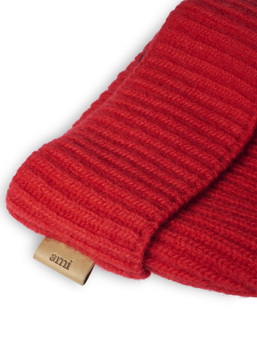 Ami Paris Ribbed Knit Sailor Beanie With Leather Tag Detail